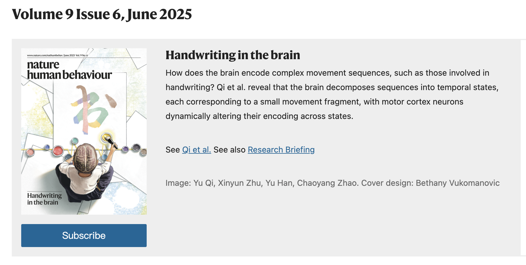 Nature Human Behaviour cover issue featuring handwriting in the brain